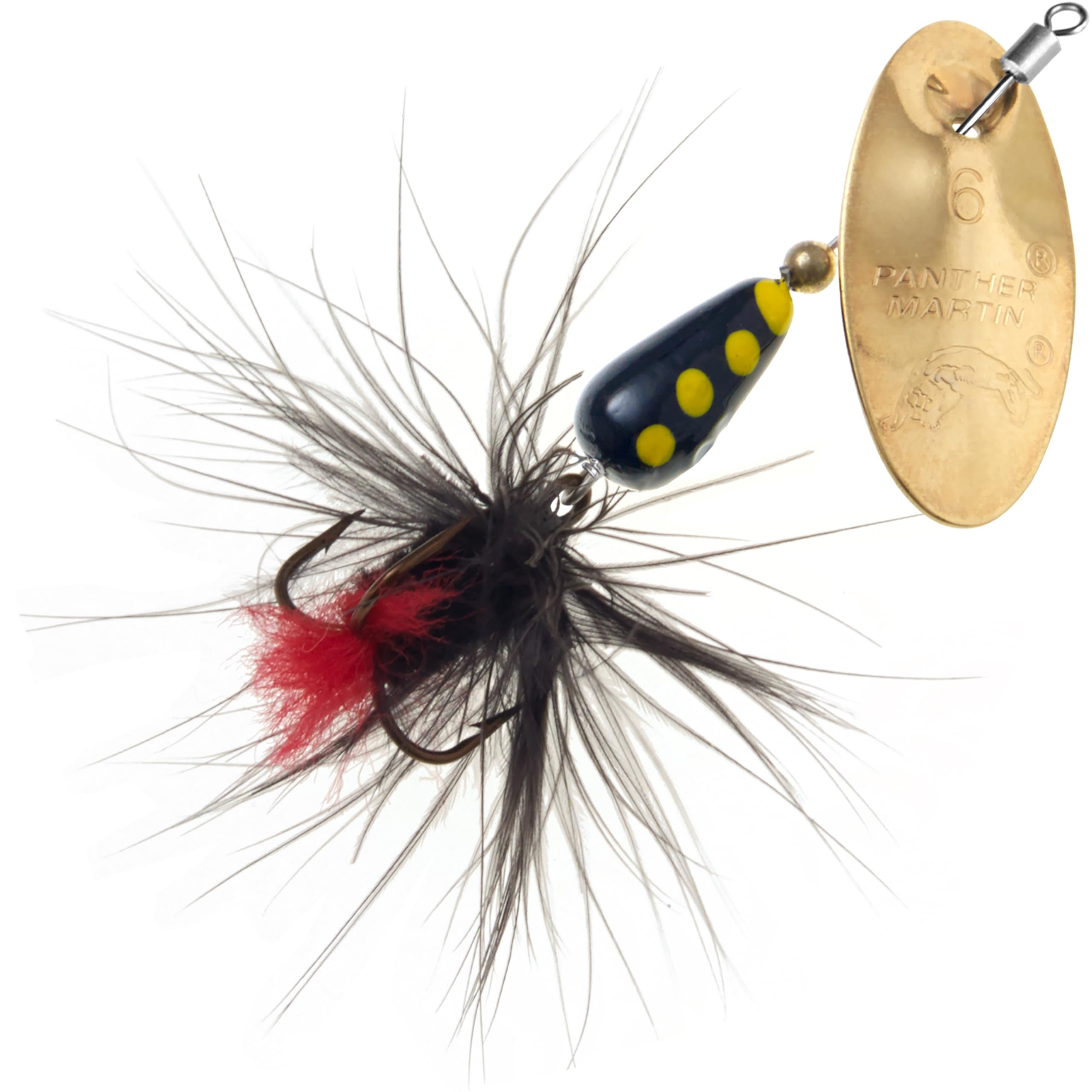 Panther Martin Inline Swivel Regular Fly Spinner in gold and black, reduces line twist.