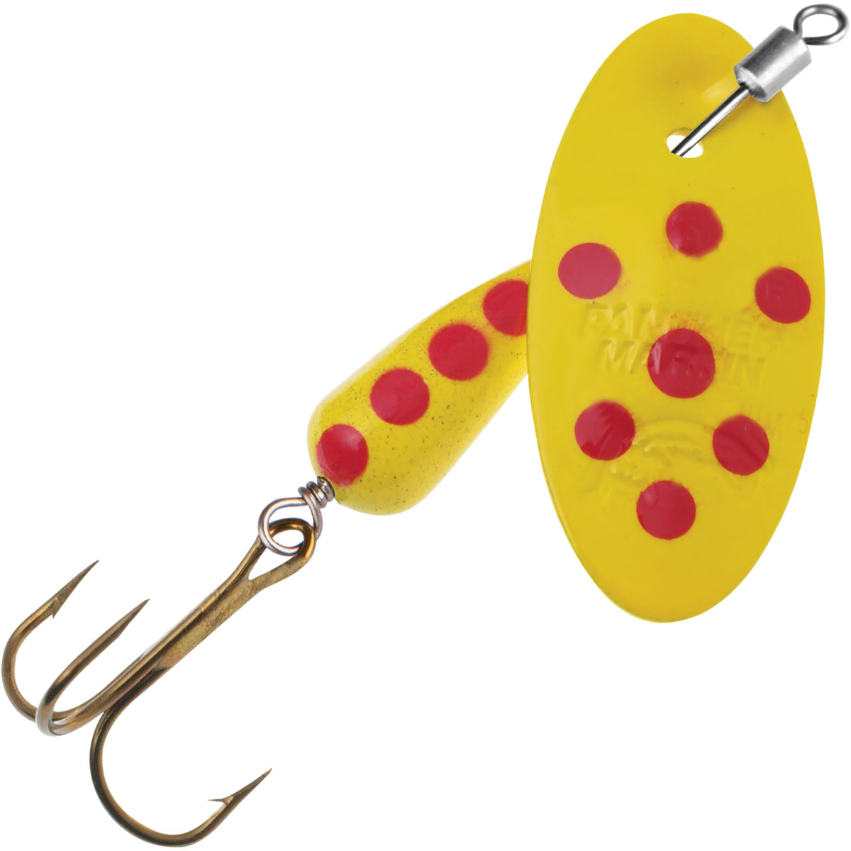 Panther Martin Inline Swivel Spotted yellow lure with integrated swivels for smoother casting.
