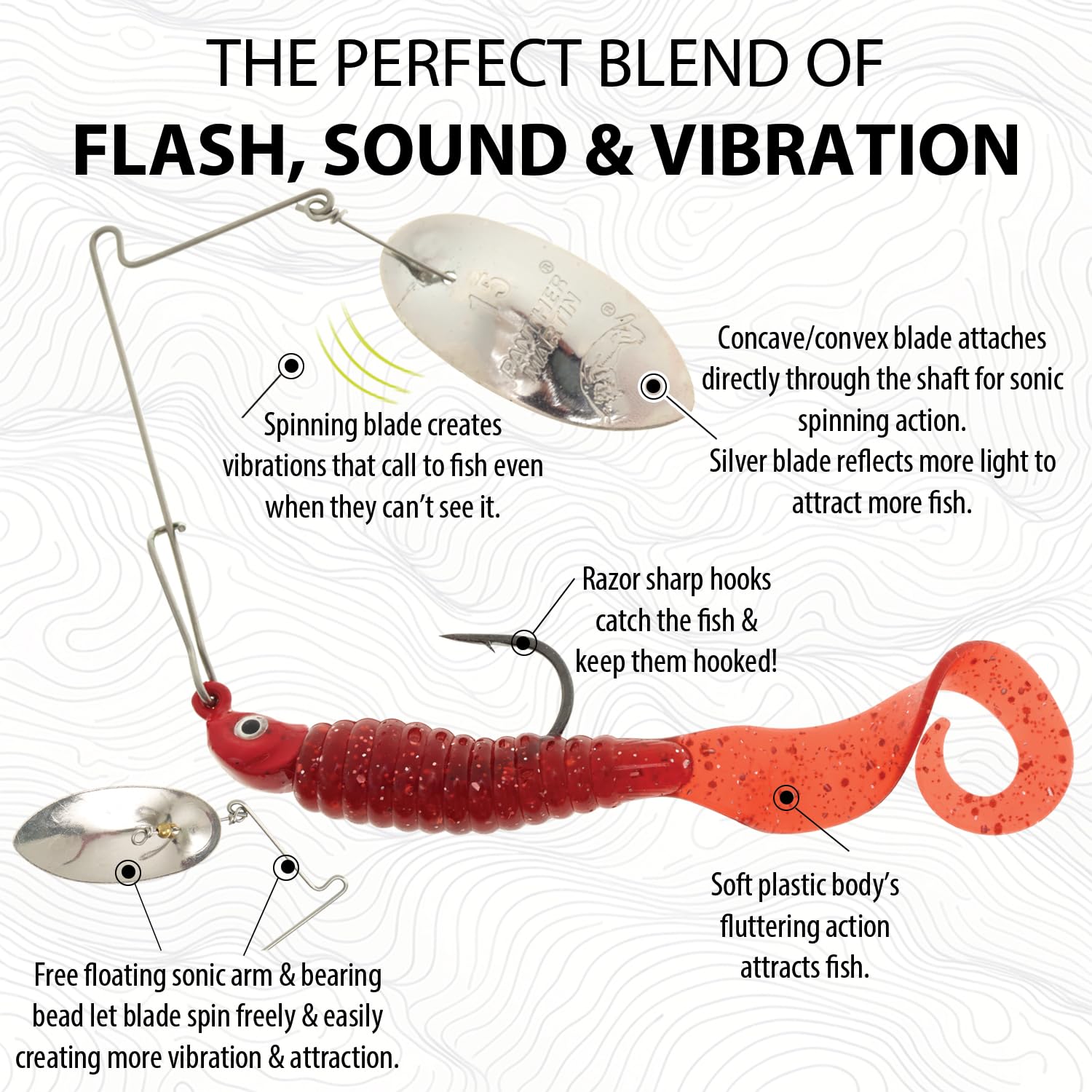 Panther Martin jighead spinner with free-floating sonic arm enhances blade movement.