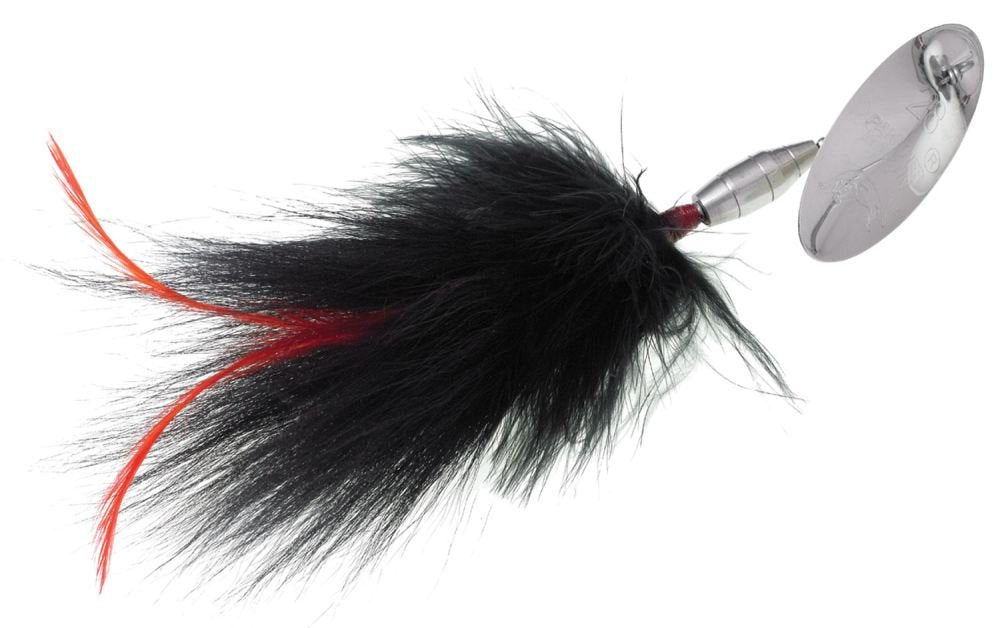 Panther Martin Marabuck spinner lure with silver red black finish attracts muskies.