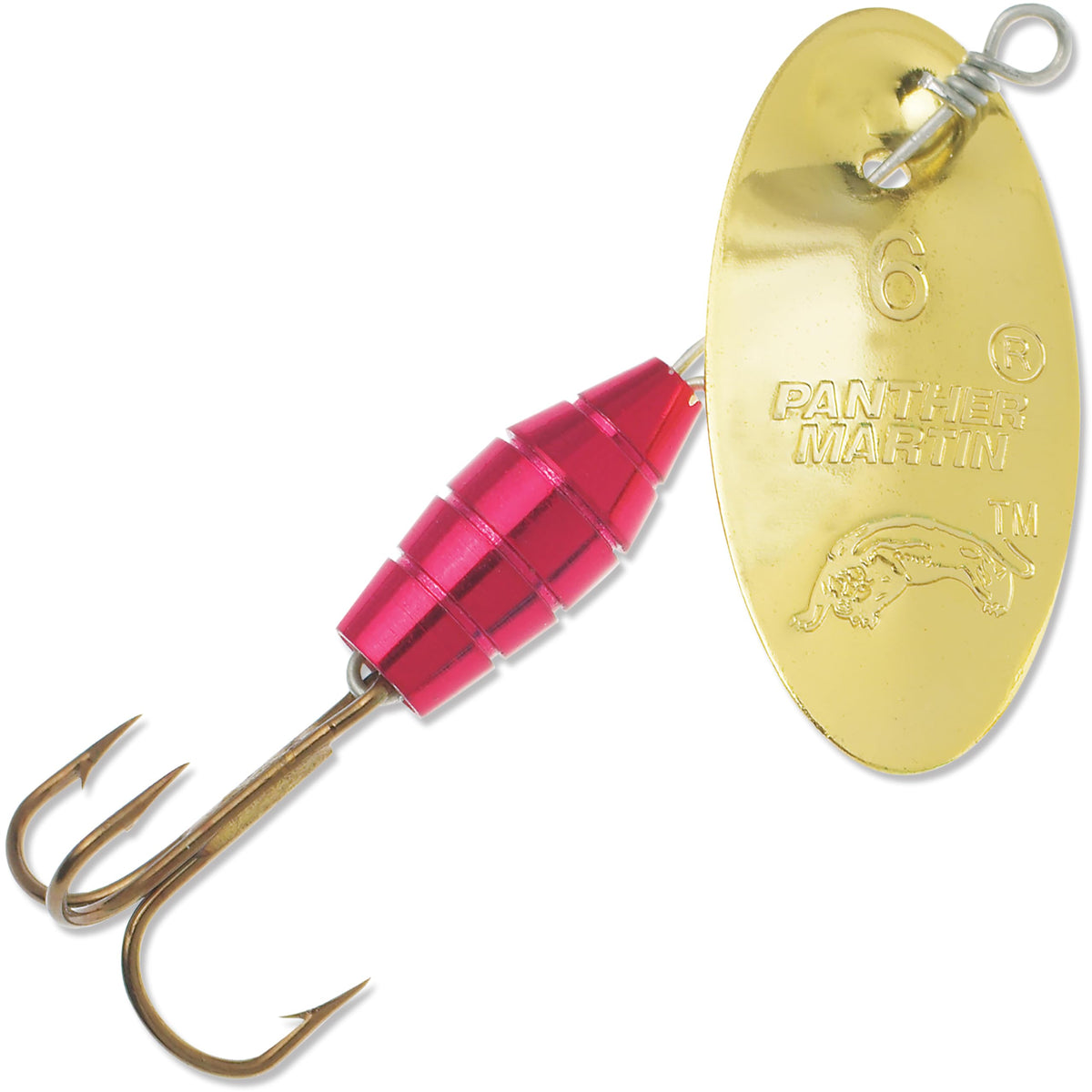 Panther Martin Metallic Deluxe barrel lure, front view, gold finish for increased light reflection