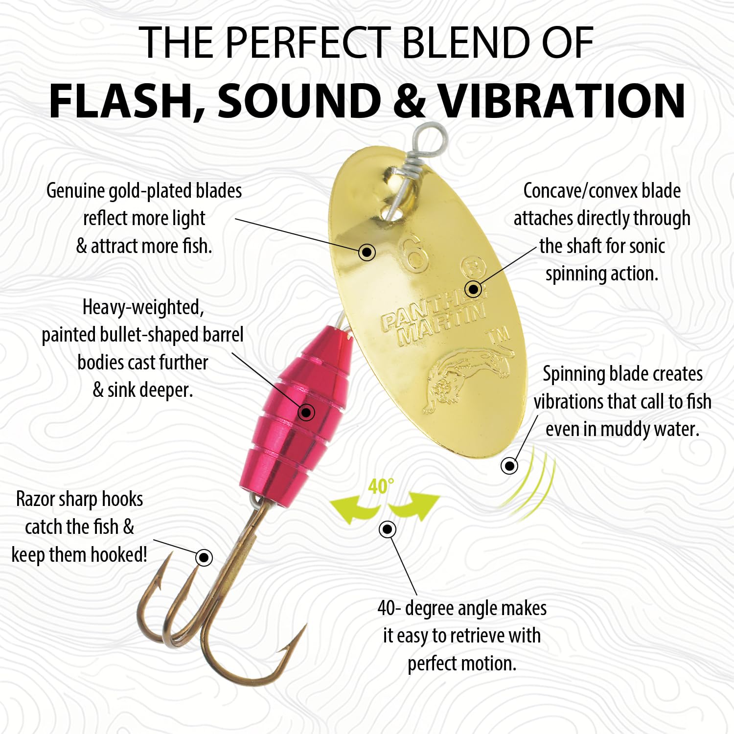 Panther Martin Metallic Deluxe barrel lure, side view, spinning action at a glance