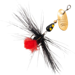 Panther Martin MiniFly teardrop spinner in gold and black, ideal for trout and panfish.