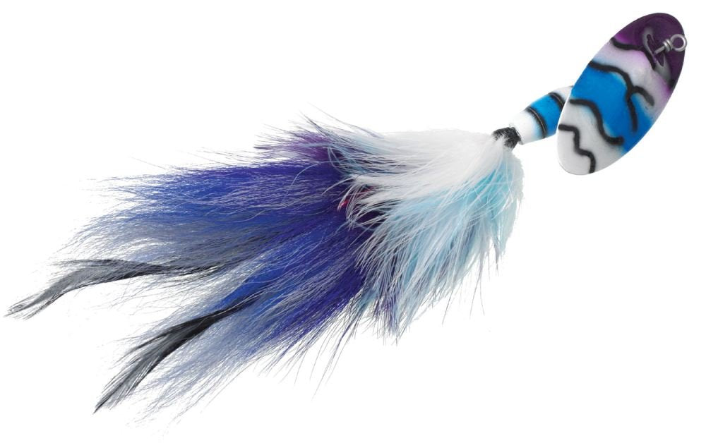 Panther Martin Muskie MaraBuck spinner lure with white, purple and blue colors for enticing strikes