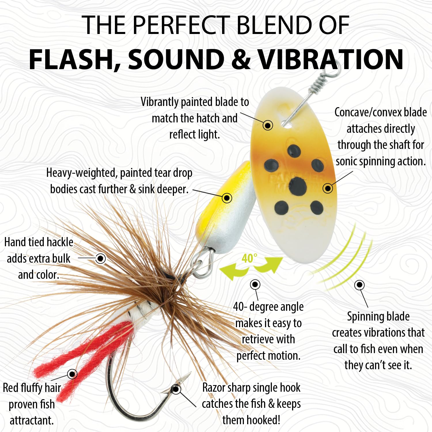 Brown-trout-friendly Panther Martin lure with single-hook dressed spinner for long casts and quick hookups.