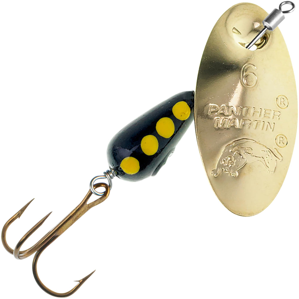 Panther Martin PMISR inline swivel spinner in gold, showing integrated swivels that reduce line twist.