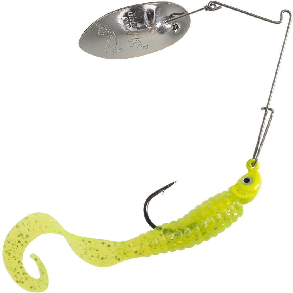 Panther Martin Sonic SizzleTail lure front view highlights high-visibility chartreuse silver blade.