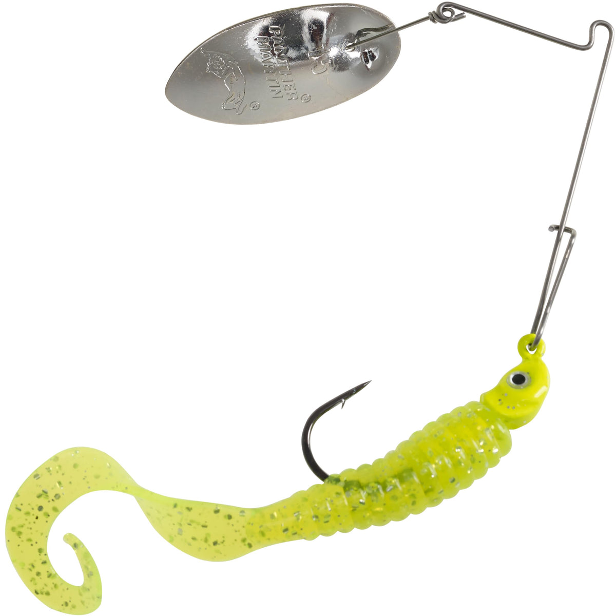 Panther Martin Sonic SizzleTail lure front view highlights high-visibility chartreuse silver blade.