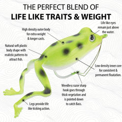 Panther Martin Superior Frog lure with kicking legs, weedless design for thick vegetation fishing