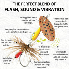 Panther Martin teardrop spinner with gold blade and red dots enhances lure visibility for trout and panfish.