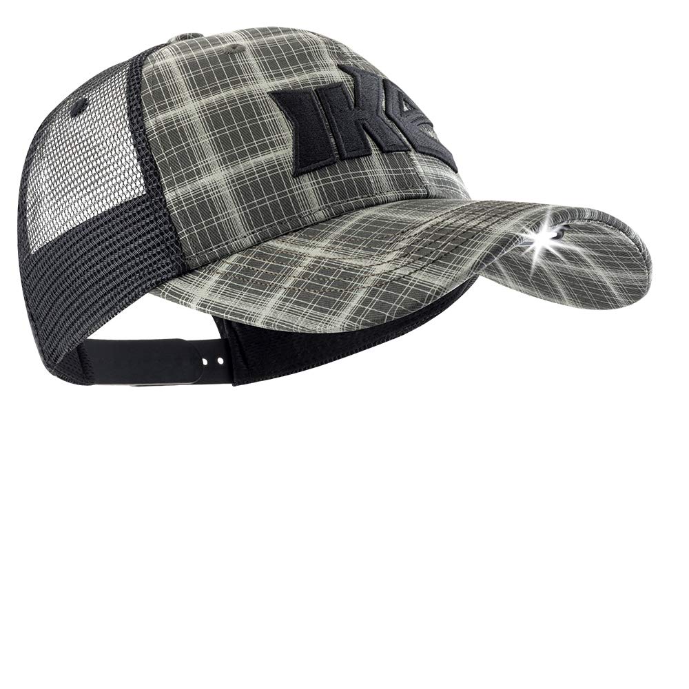 Panther Vision Ike Series plaid hat front view with hands-free fishing light