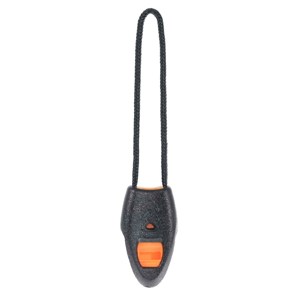 Paracord Planet Emergency Whistle Zipper Pull in bright orange and black for high visibility outdoors