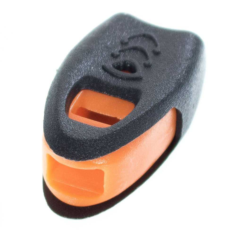Paracord Planet emergency whistle zipper pull clearly visible on gear for quick signaling