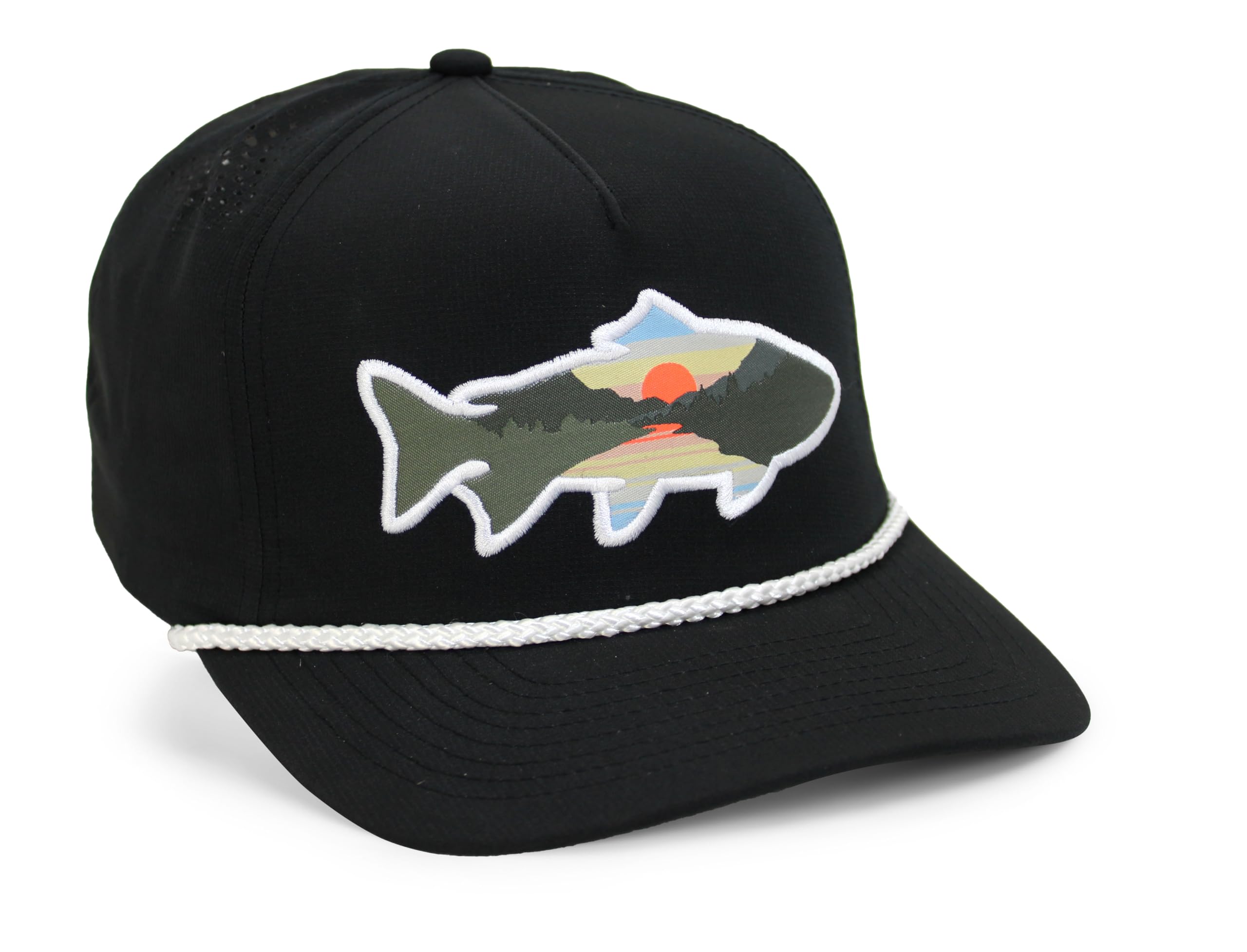 Paramount Outdoors 5-panel base camp design with curved visor on a black trucker cap.