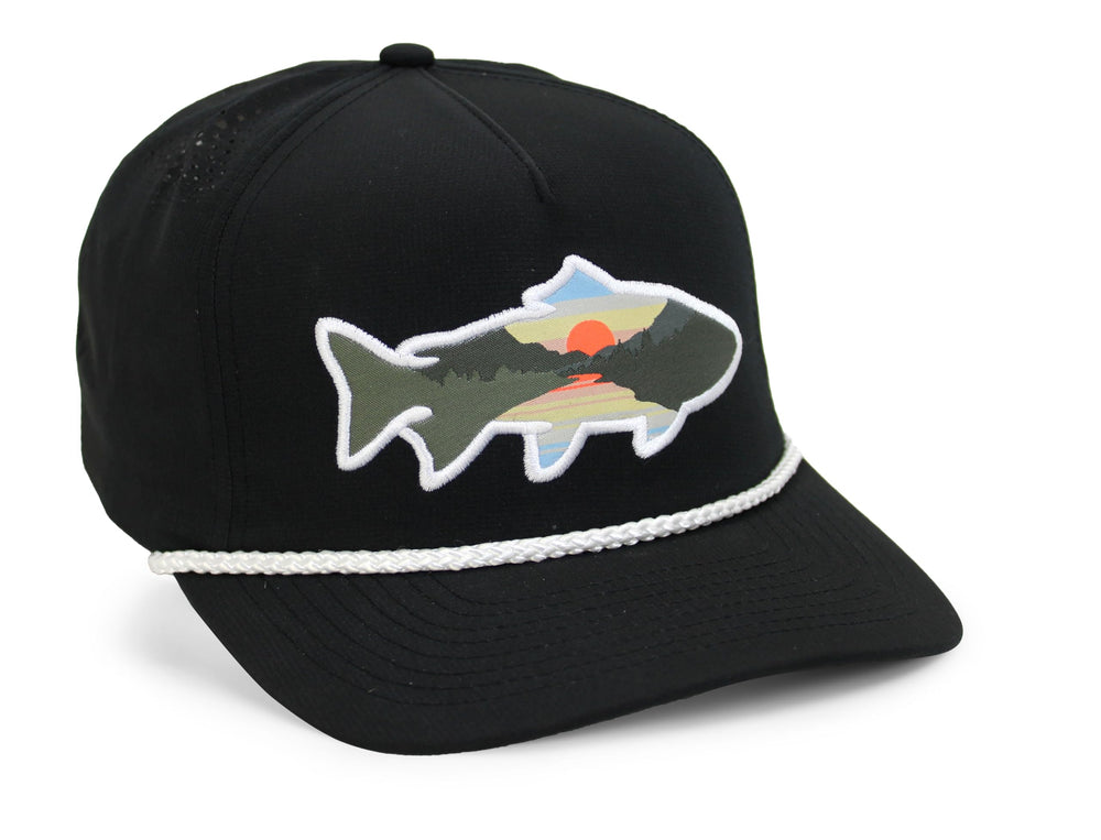 Paramount Outdoors 5-panel base camp design with curved visor on a black trucker cap.