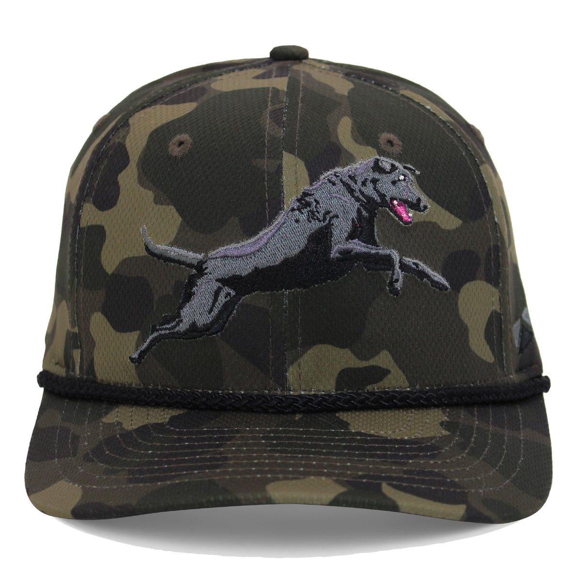 Paramount Outdoors Black Lab camo cap front view; durable moisture-wicking fabric.
