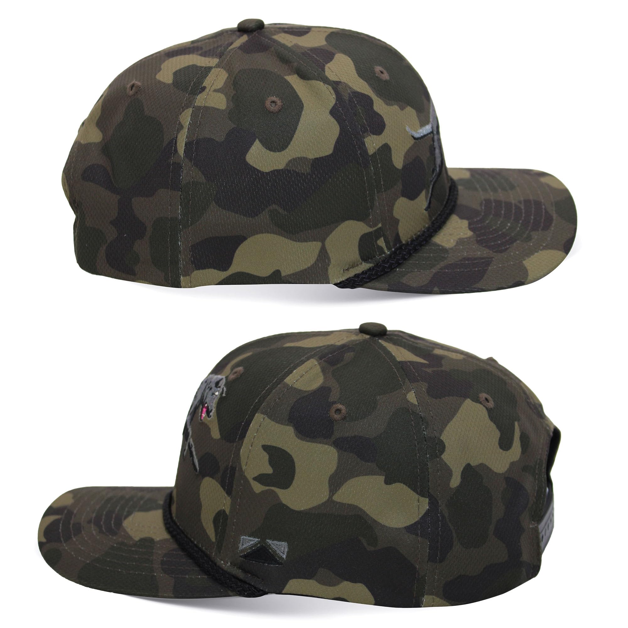 Paramount Outdoors Black Lab camo cap side view; adjustable stretch snapback for a secure fit.