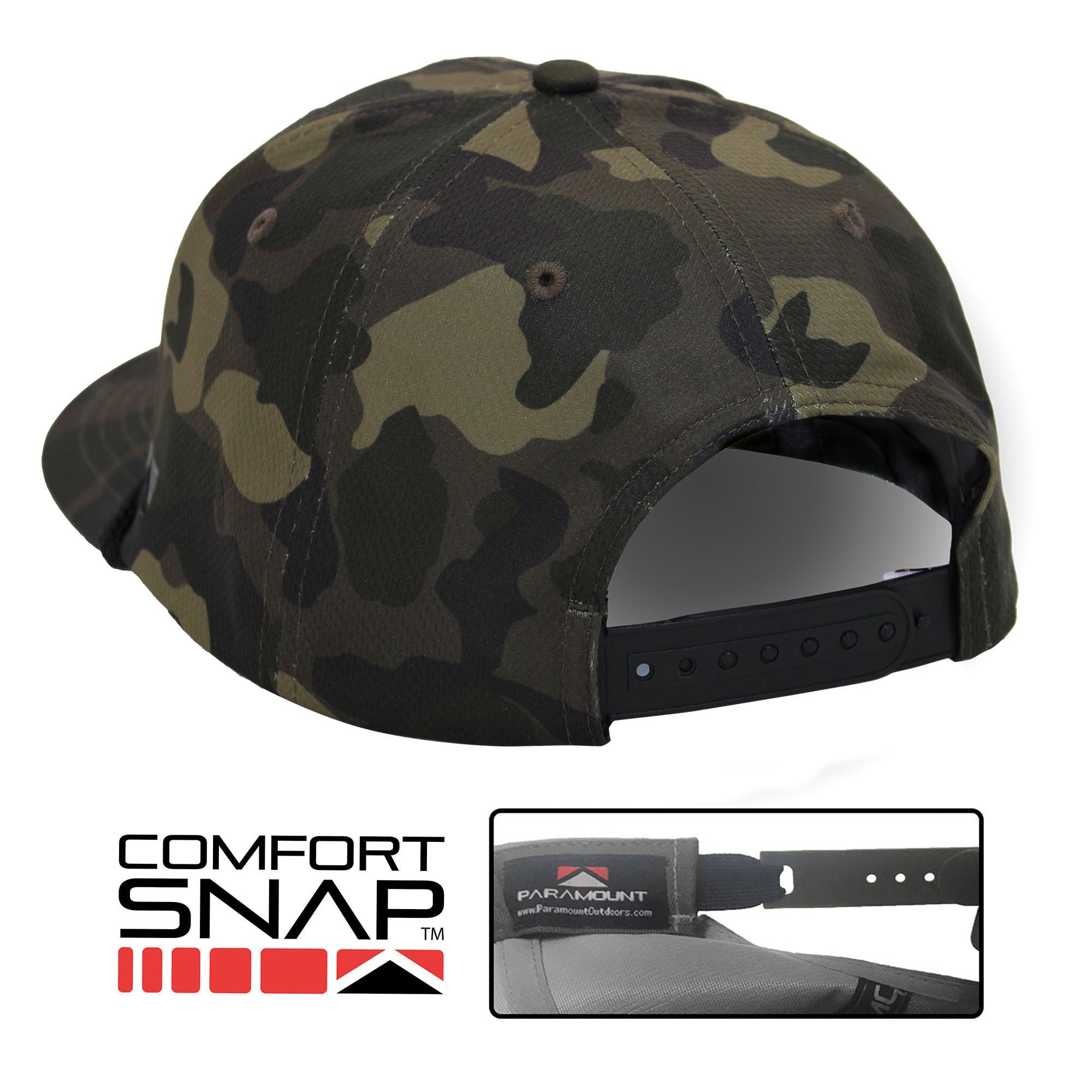 Paramount Outdoors Black Lab camo cap embroidery closeup; high-contrast 10k stitches.