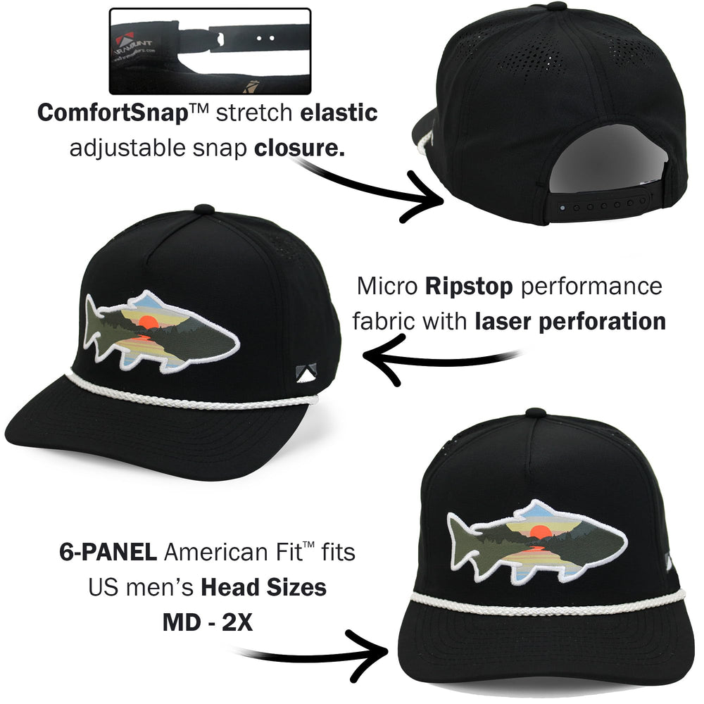 Paramount Outdoors Sunset Fish hat features ComfortSnap stretch snapback for a secure, adjustable fit.