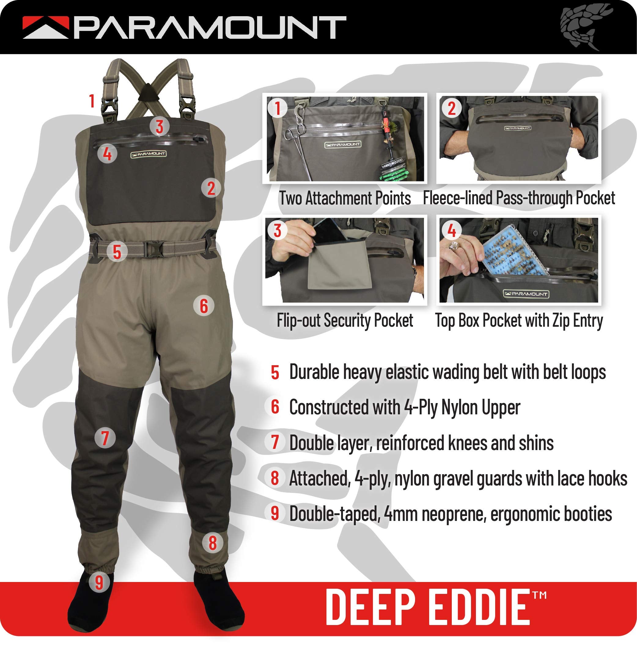Paramount Outdoors Deep Eddy stockingfoot neoprene provides a non-bunching, warm fit.