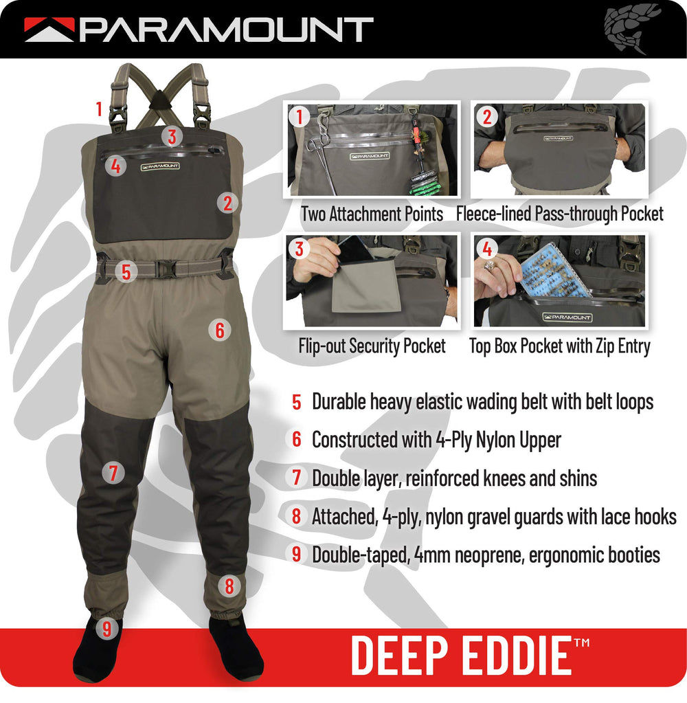 Paramount Outdoors Deep Eddy stockingfoot neoprene provides a non-bunching, warm fit.