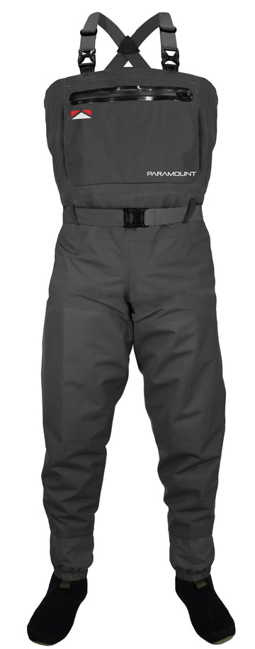Paramount Outdoors Deep Eddy wader front view grey lg stout shows rugged waterproof protection.