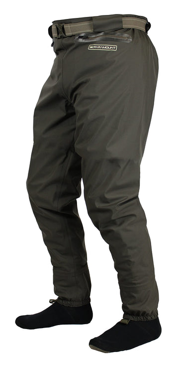Paramount Outdoors Fast Eddy waist-high wader pant stockingfoot booties in neoprene for a comfortable non-bunching fit.