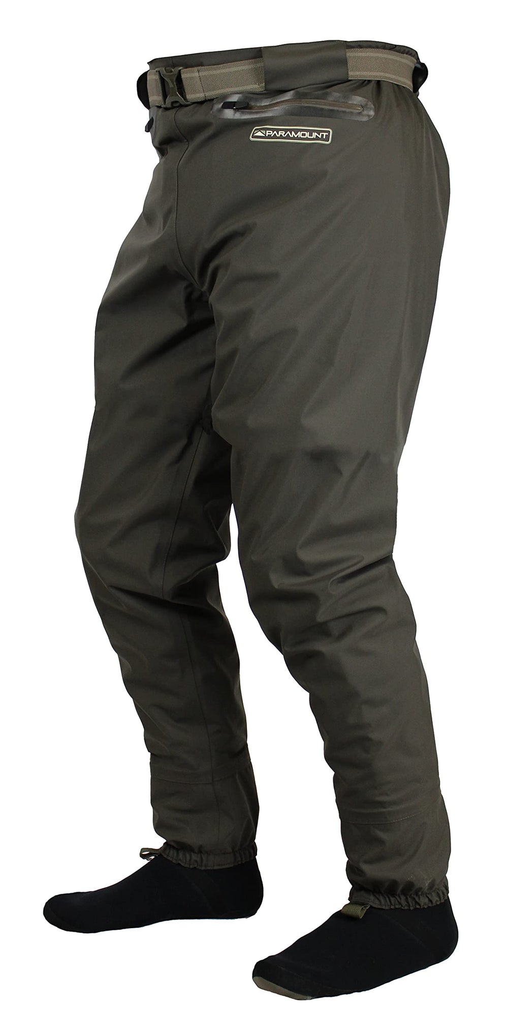 Paramount Outdoors Fast Eddy waist-high wader pant stockingfoot booties in neoprene for a comfortable non-bunching fit.