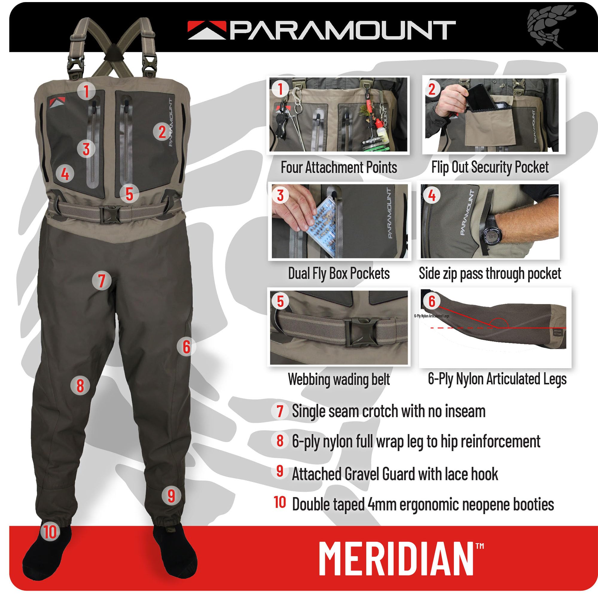 Paramount Outdoors Meridian Wader Elk SM reinforced hip area for drift boat use.
