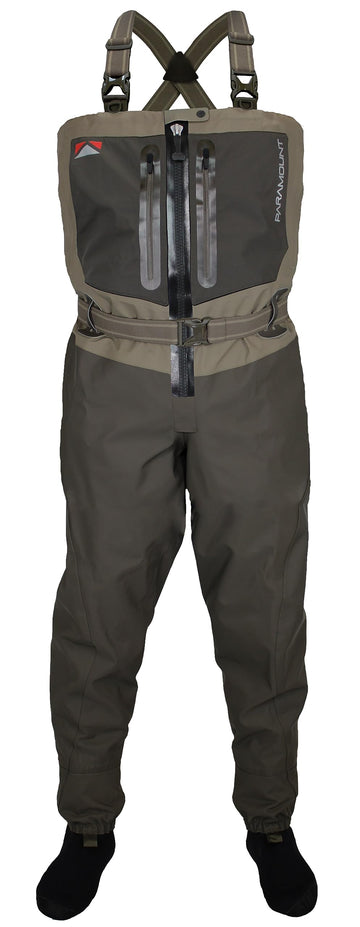 Paramount Outdoors Meridian Z wader front view shows waterproof, breathable protection for all-day fishing.