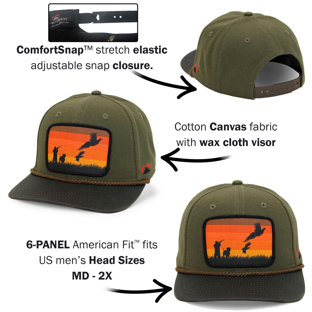 Embroidery detail on Paramount Outdoors pheasant-quail hat front panel.
