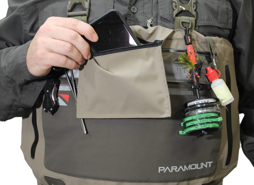 Paramount Outdoors Slate chest pockets organized for fly boxes and tools.
