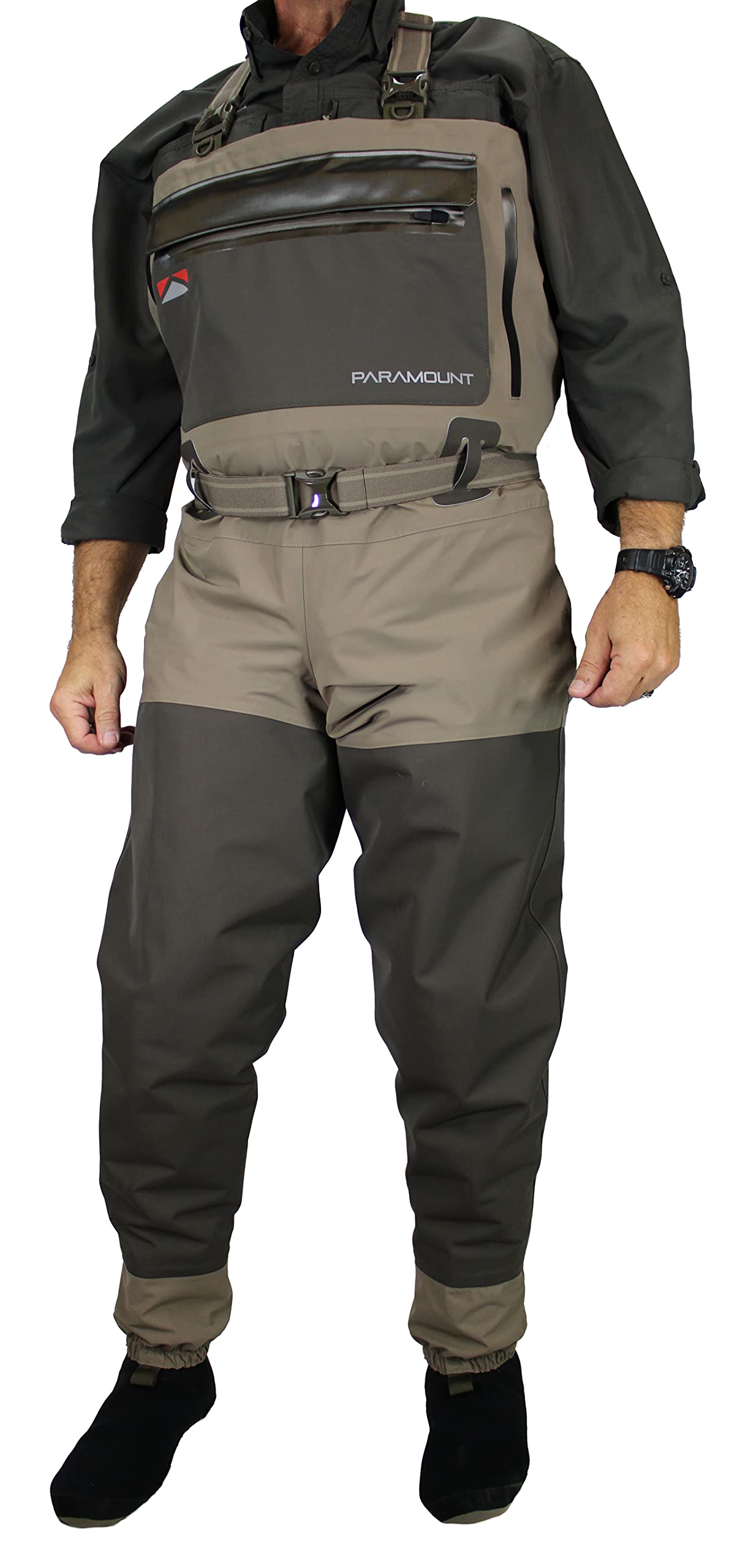 Paramount Outdoors Slate wader with taped seams for waterproof performance in wet conditions.