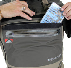 Paramount Outdoors Slate top-entry pockets keep fly boxes and gear within reach.