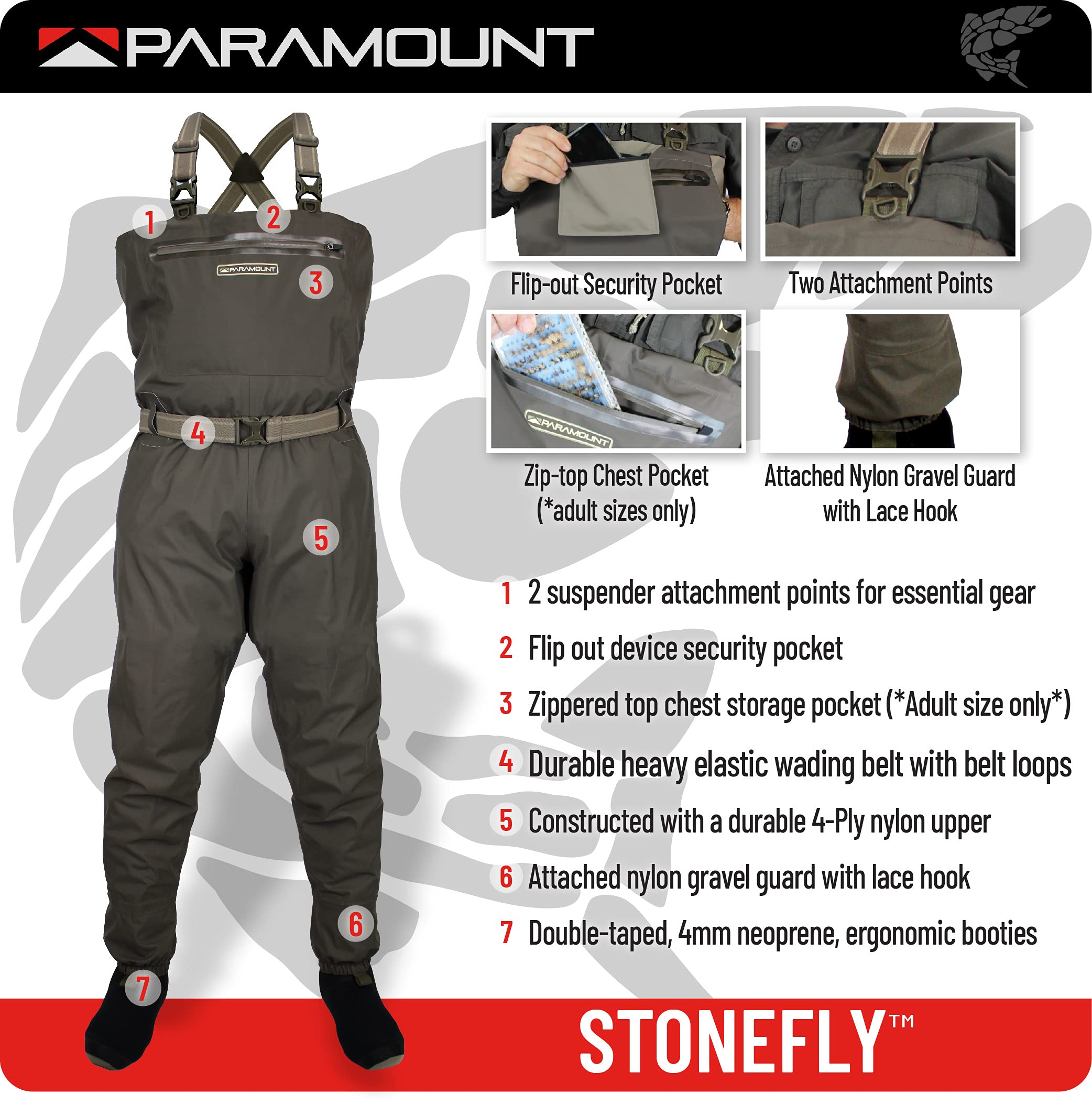 Paramount Outdoors Stonefly wader with taped seams protects against splashes.