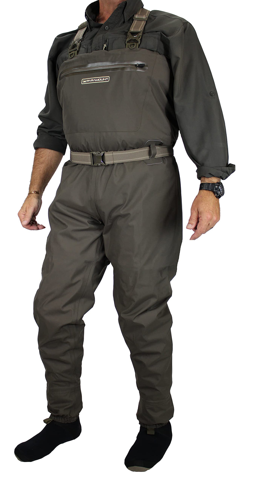 Paramount Outdoors Stonefly wader with zippered fly box pocket keeps flies within reach.