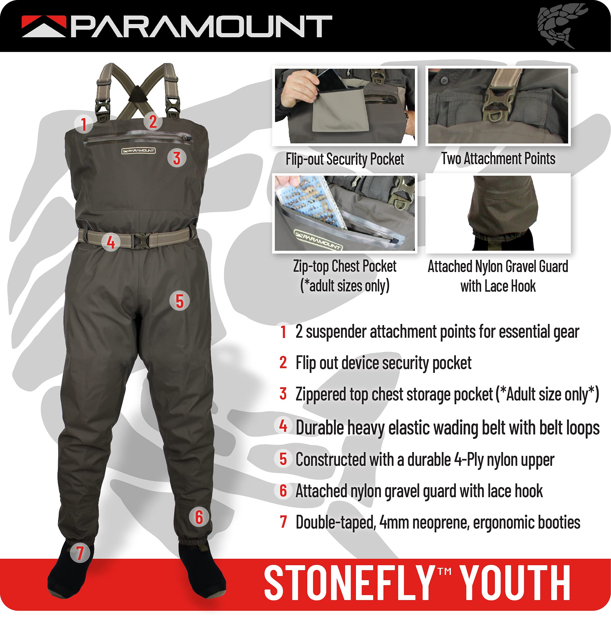 Paramount Outdoors Stonefly youth wader suspenders provide quick, secure fit for active kids.