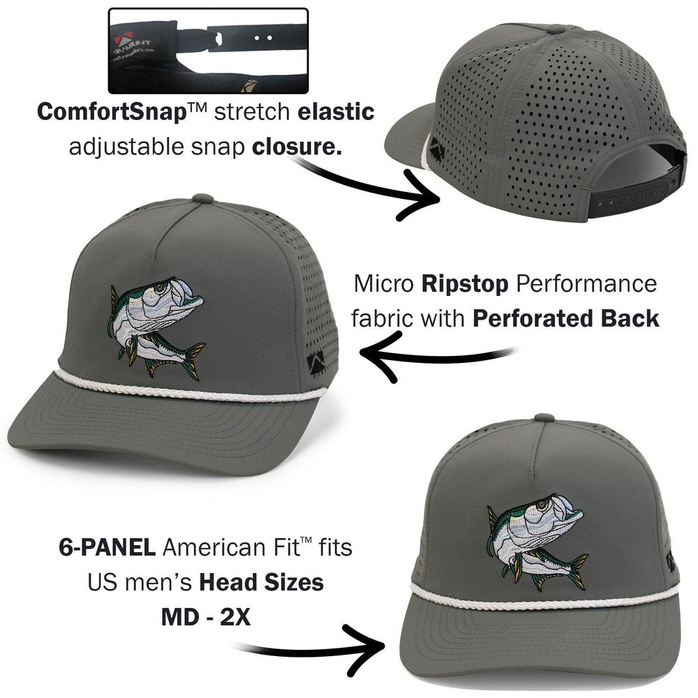 Paramount Outdoors Tarpon cap stretch snap closure, adjustable fit for larger head sizes.