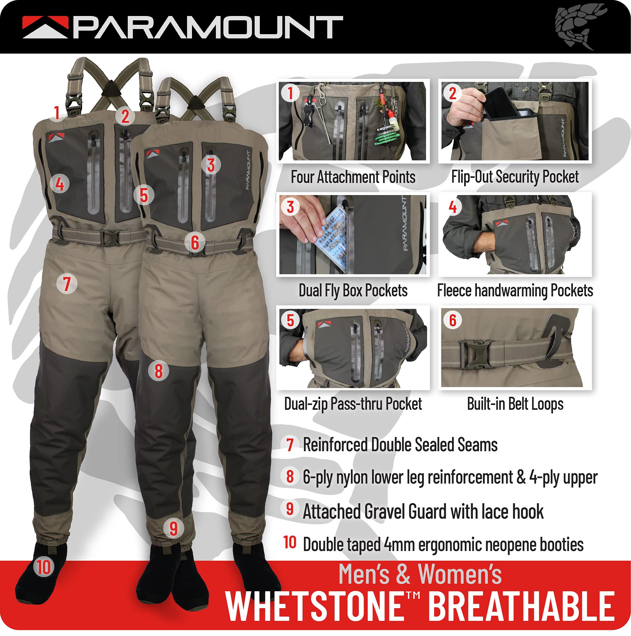 Paramount Outdoors Whetstone gravel guards with lace hooks guard cuffs during wading.
