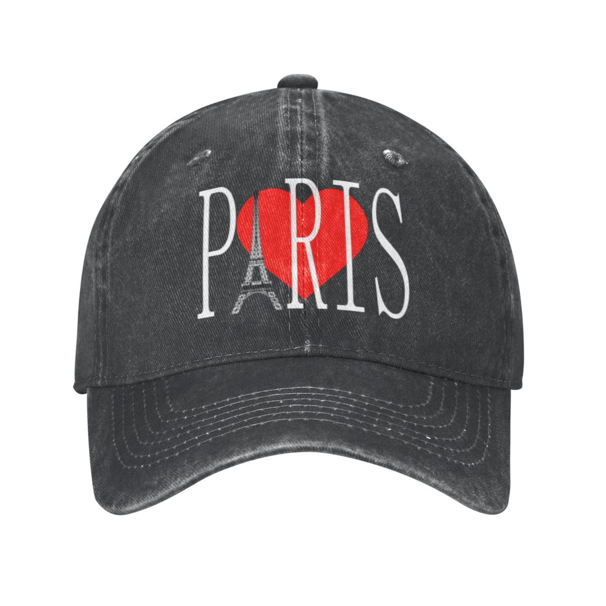 Front view of Paris Red Love Heart Baseball Cap Black washed denim adjustable