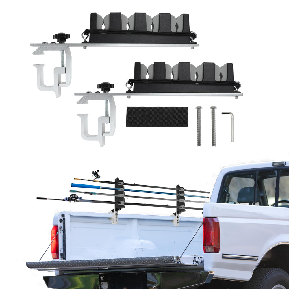 Partuto 2x aluminum fishing rod holder in a truck bed offering four-rod capacity for organized transport.