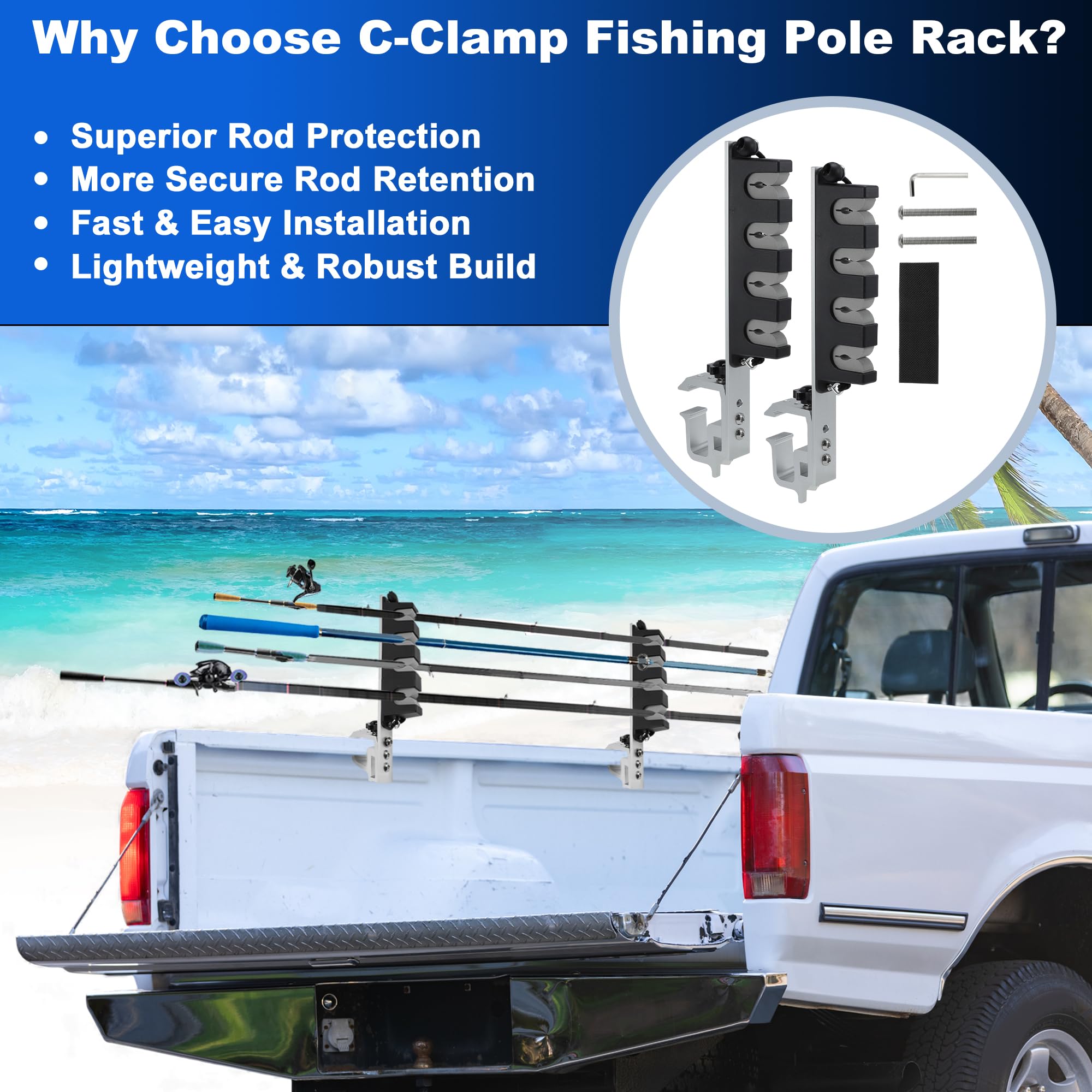 Partuto C-clamp mount demonstrating tool-free attachment to the truck bed edge.