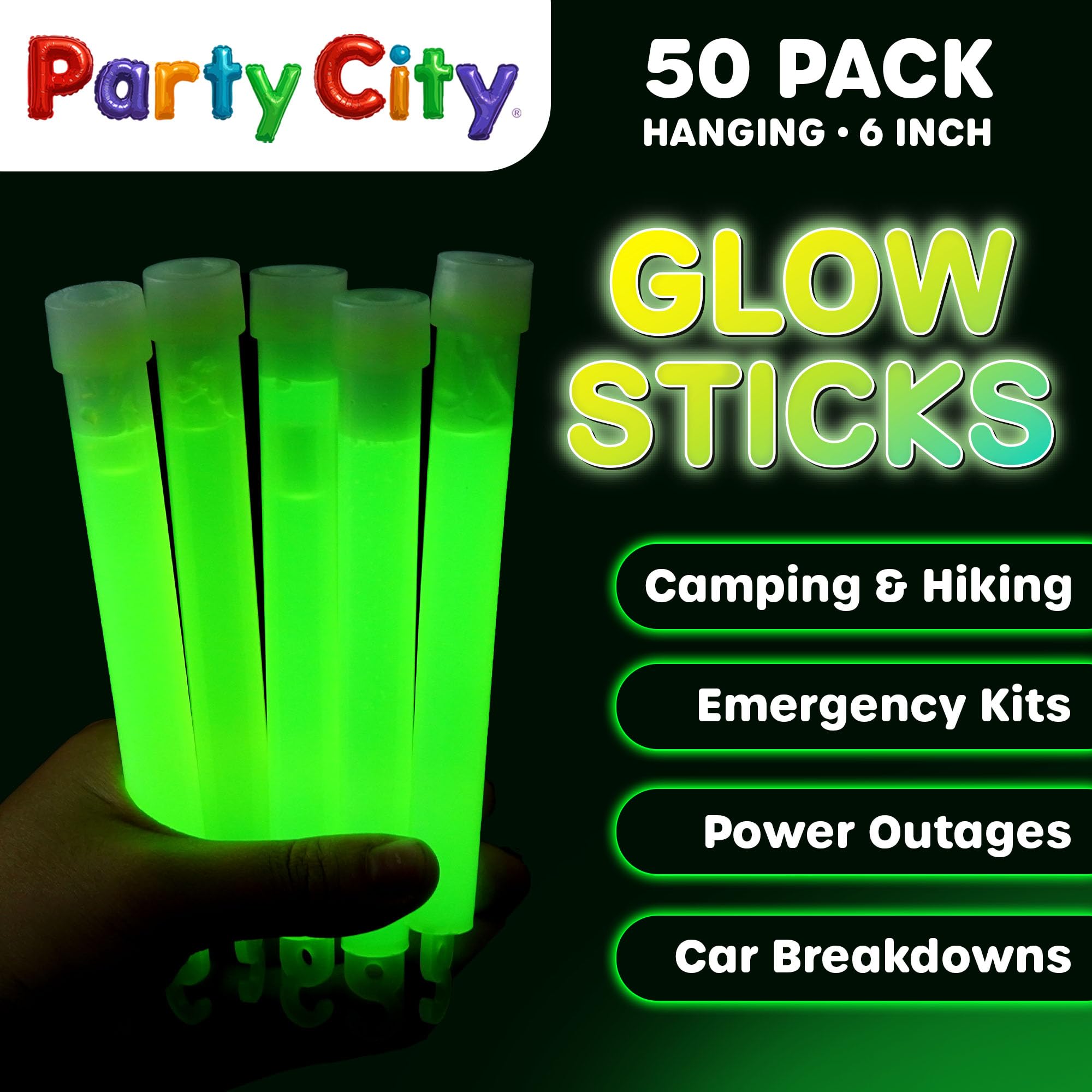 Party City glow stick necklace strings show wearable neon lighting for events.