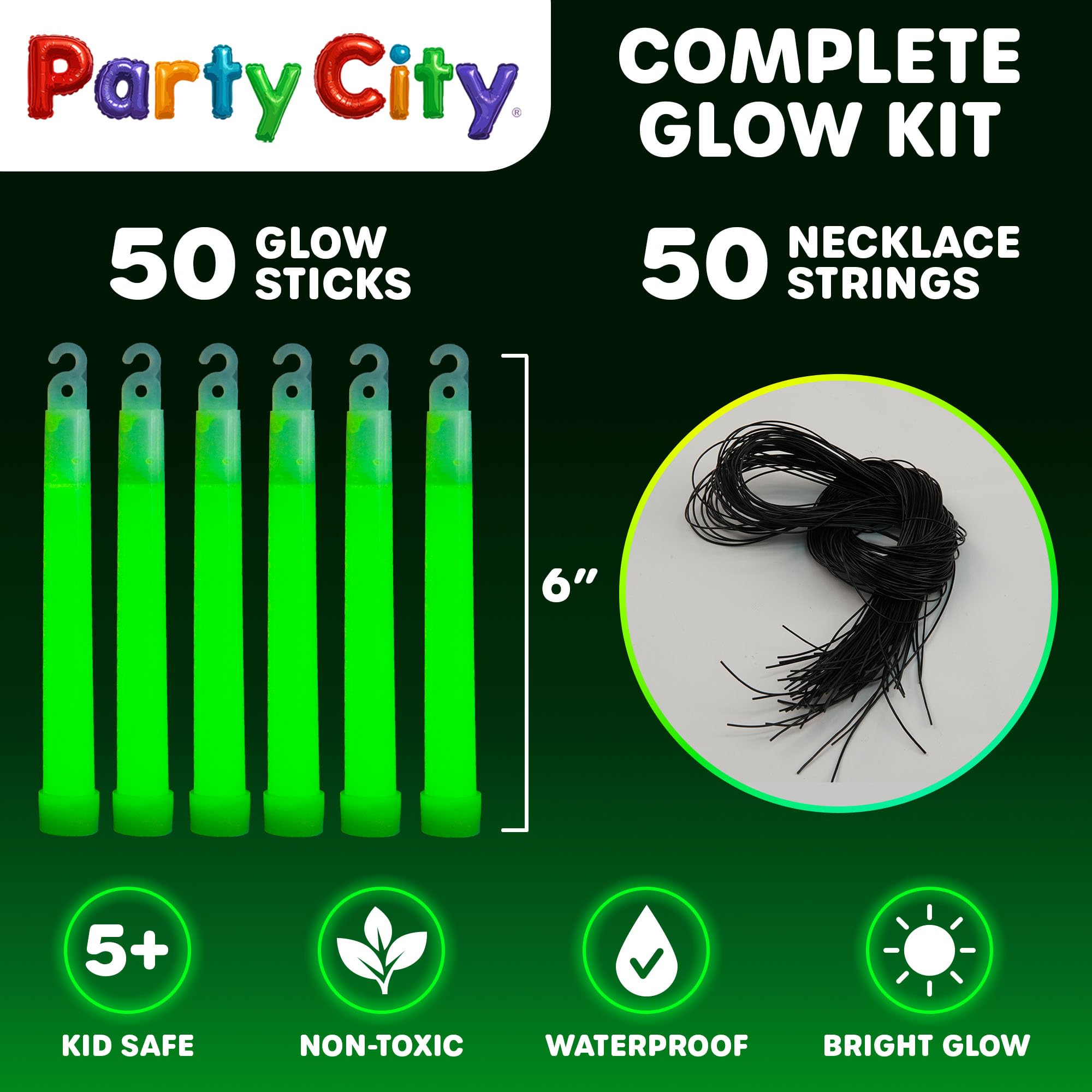 Party City neon green party-favor glow sticks ideal for celebrations and camping.