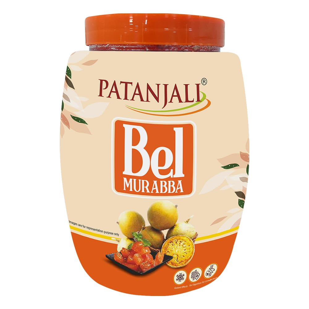 Patanjali Bel Murabba 1kg jar with glossy syrup and tender bel slices for a refreshing snack