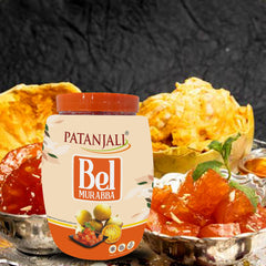 Patanjali Bel Murabba jar being opened to reveal fruit pieces for easy serving