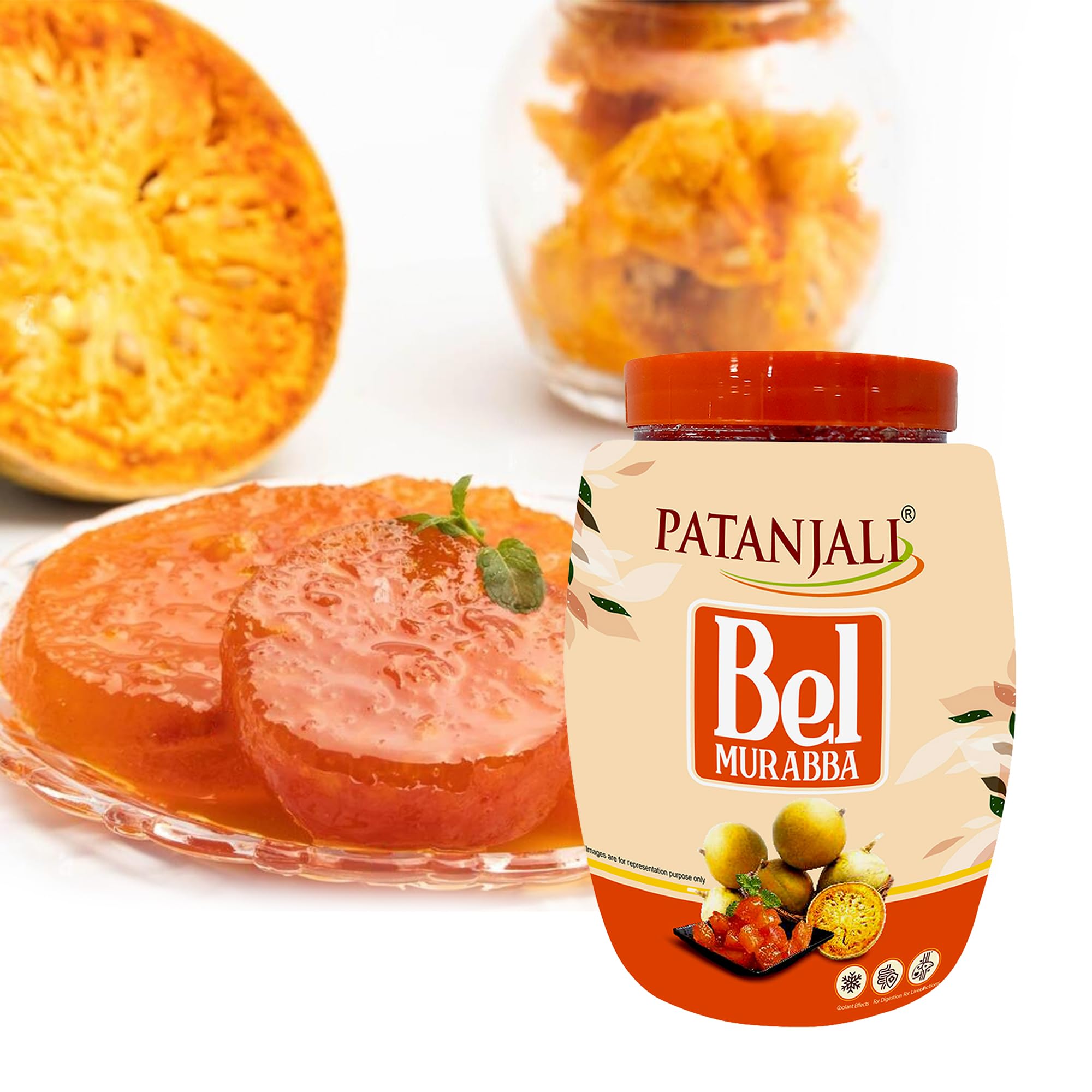 Patanjali Bel Murabba tasting spoon showcasing chunky fruit in syrup