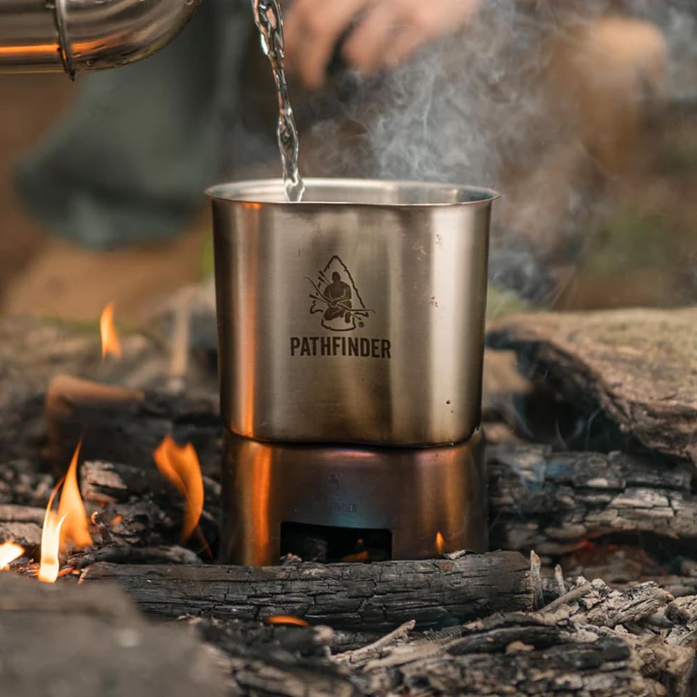 The Pathfinder School stainless steel construction resists rust and endures direct flames on rugged trips.