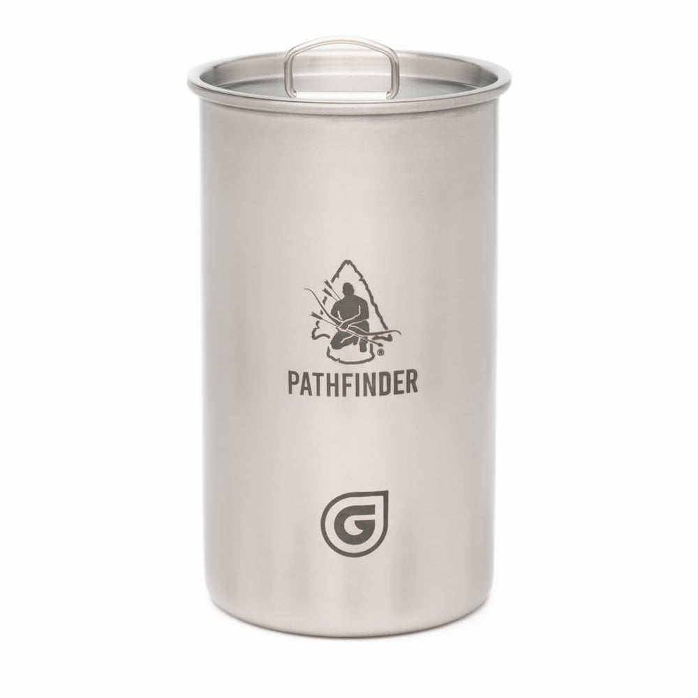 The Pathfinder School Geopress Nesting Cup with lid on for efficient camp cooking.