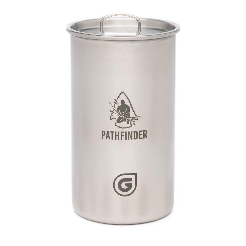 The Pathfinder School Geopress Nesting Cup with lid on for efficient camp cooking.